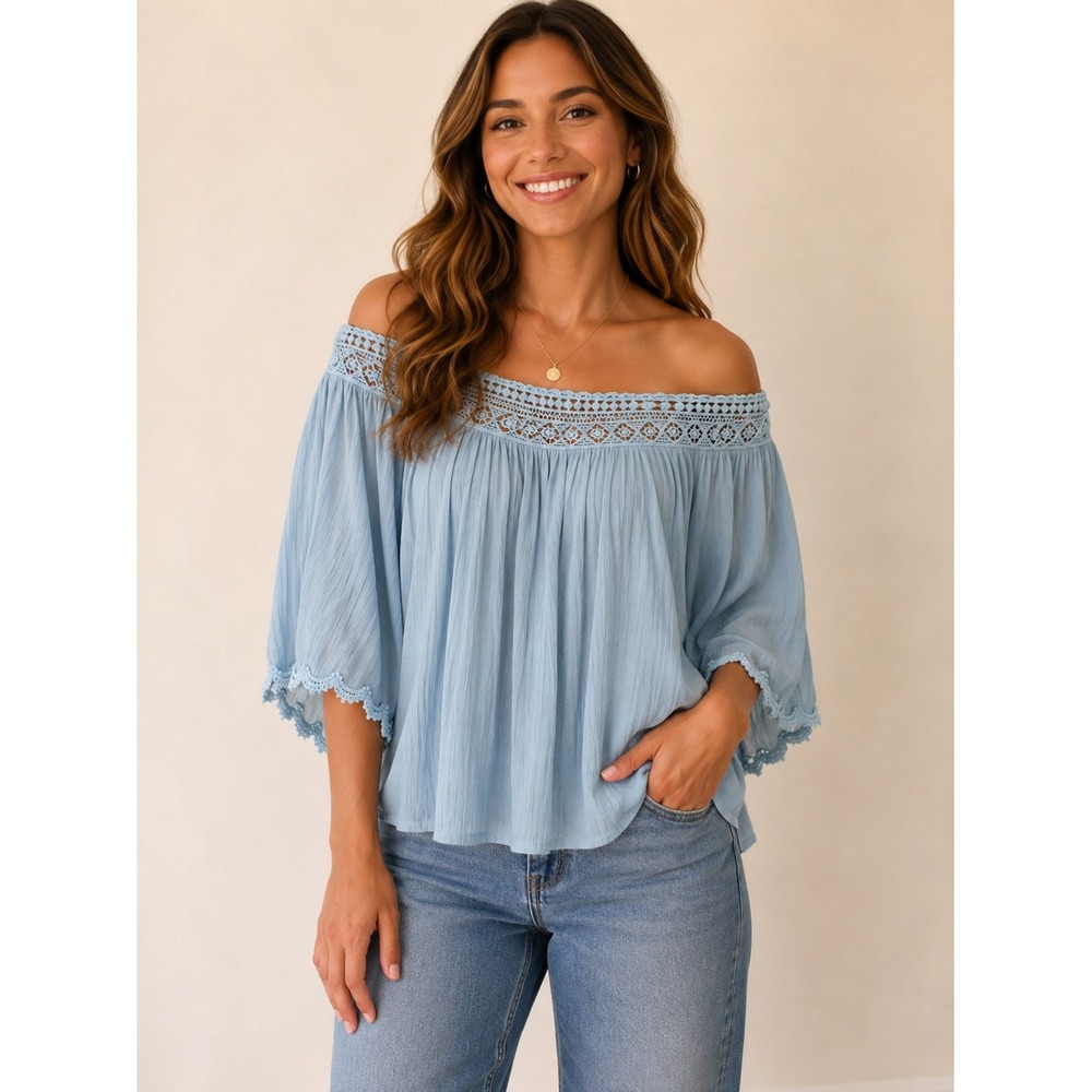 Anthropologie Women's Blue Gauzy Off-the-Shoulder Crochet Trim Top